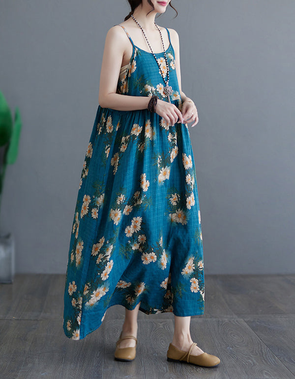 Floral Daisy Print Cotton Linen Sleeveless Maxi Dress