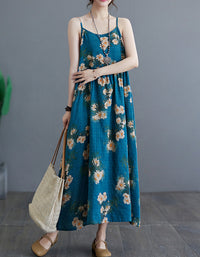 Floral Daisy Print Cotton Linen Sleeveless Maxi Dress