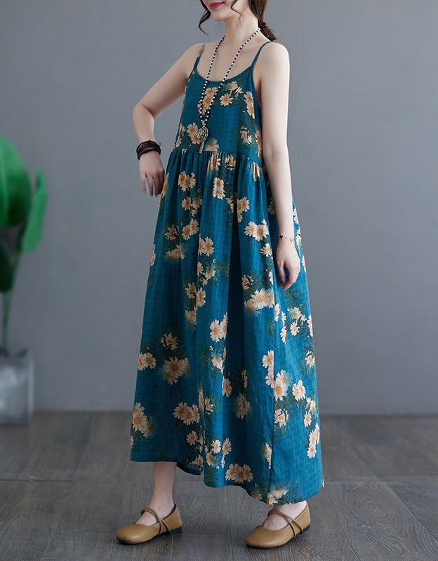 Floral Daisy Print Cotton Linen Sleeveless Maxi Dress