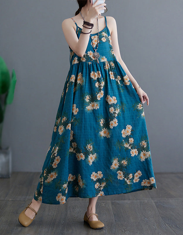 Floral Daisy Print Cotton Linen Sleeveless Maxi Dress
