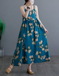 Floral Daisy Print Cotton Linen Sleeveless Maxi Dress
