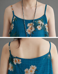 Floral Daisy Print Cotton Linen Sleeveless Maxi Dress