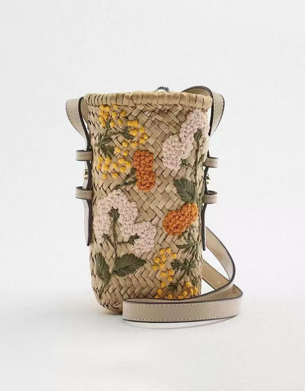 Floral Embroidered Handwoven Straw Tote Bag