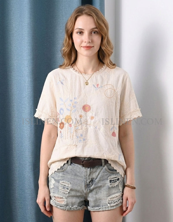 Women Floral Embroidered Cotton Blouse Lace Trim