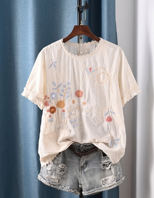 Vintage Embroidered Floral Cotton Top Women Loose
