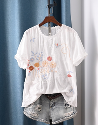 Boho Floral Embroidery Lace Trim Short Sleeve Top