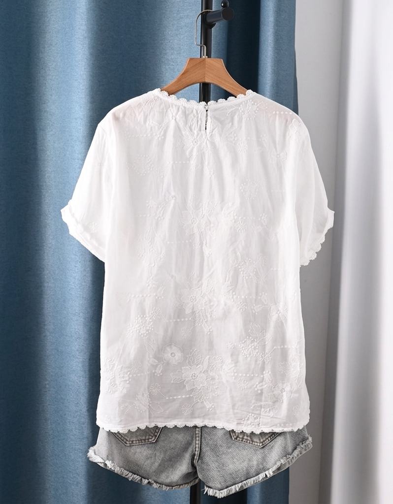 Casual Floral Embroidered Cotton Top Lace Detail