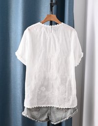 Casual Floral Embroidered Cotton Top Lace Detail