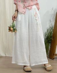 Floral Embroidered Ramie Linen Pants