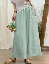 Floral Embroidered Ramie Linen Pants