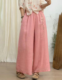 Floral Embroidered Ramie Linen Pants