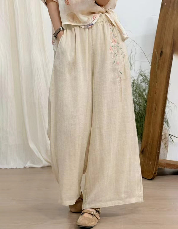 Floral Embroidered Ramie Linen Pants