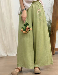 Floral Embroidered Ramie Linen Pants