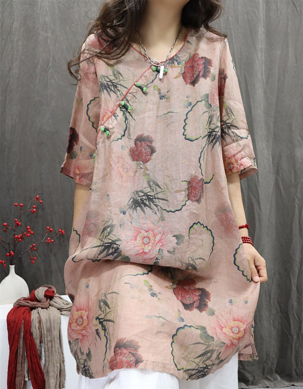 Ethnic Style Vintage Floral Shirt Dress