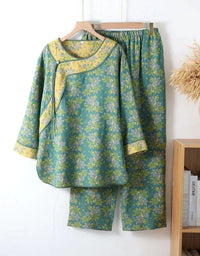 Floral Frog Closure Pure Cotton Loose Loungewear - Islinen