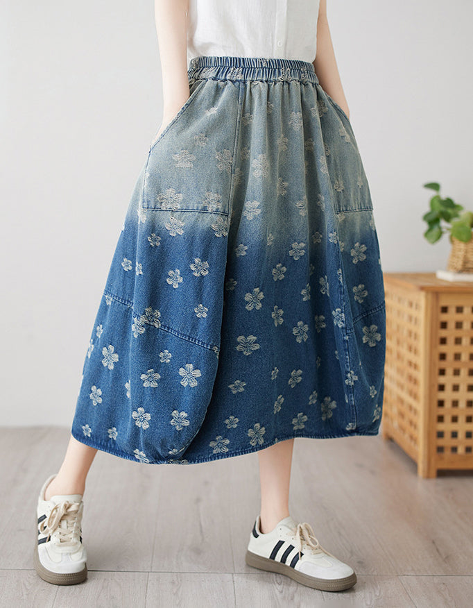 Floral High Waist Balloon Hem Jean Skirt