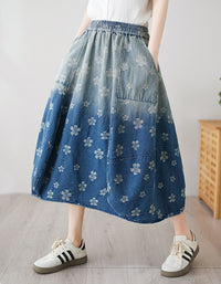 Floral High Waist Balloon Hem Jean Skirt