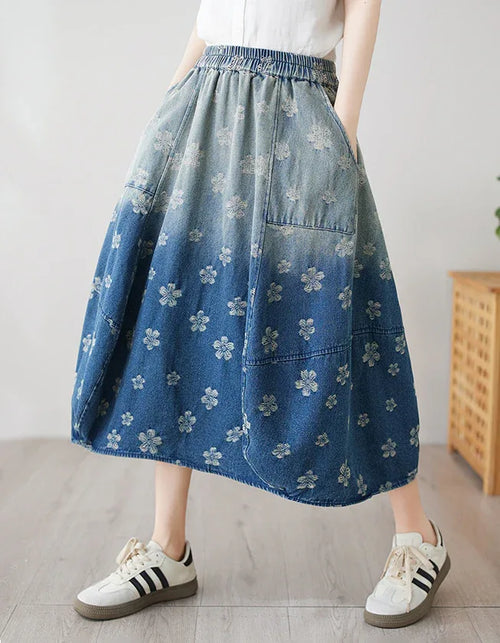 Floral High Waist Balloon Hem Jean Skirt - Islinen