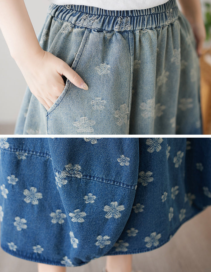 Floral High Waist Balloon Hem Jean Skirt