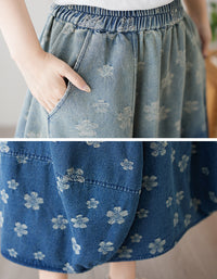 Floral High Waist Balloon Hem Jean Skirt