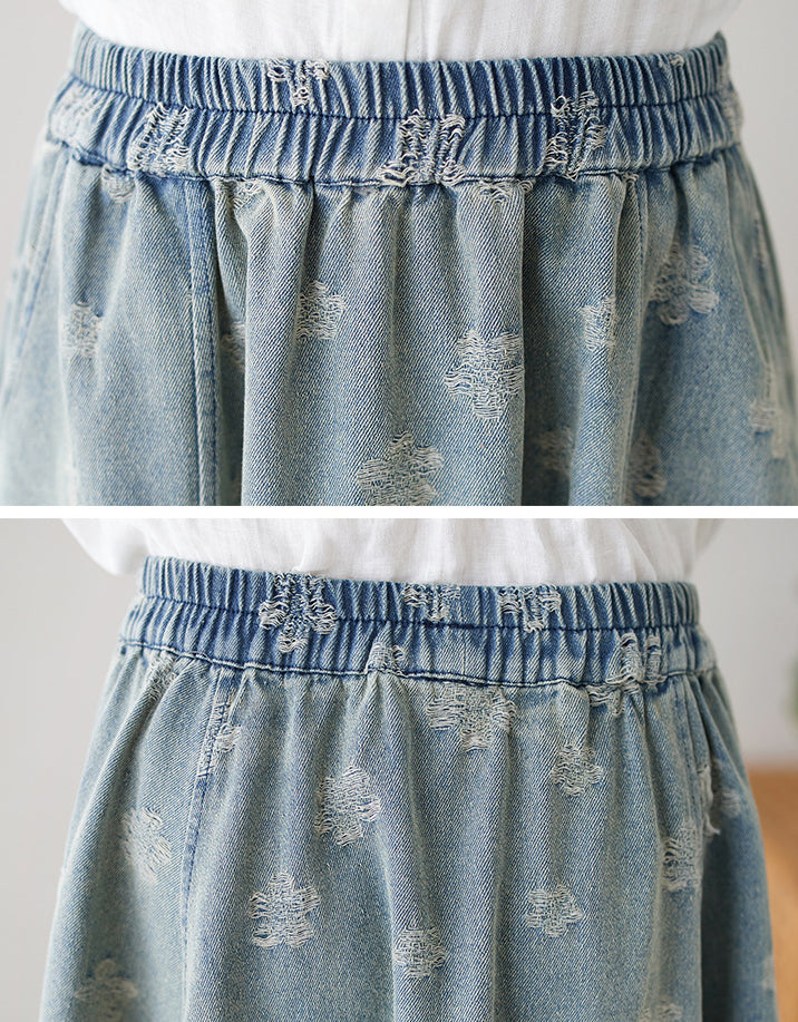 Floral High Waist Balloon Hem Jean Skirt