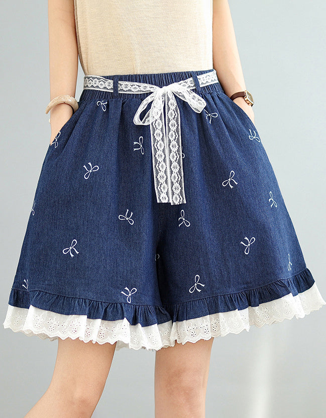 Floral Lace Hem Blue Jean Shorts