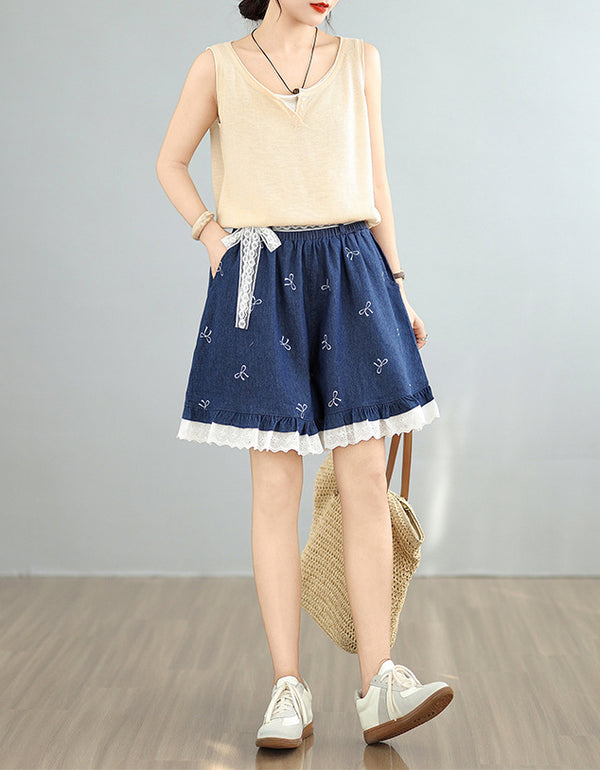 Floral Lace Hem Blue Jean Shorts