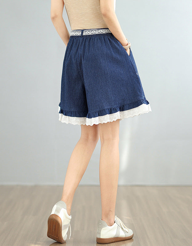 Floral Lace Hem Blue Jean Shorts
