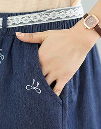 Floral Lace Hem Blue Jean Shorts