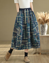 Floral Patchwork High Waist Cotton Linen Skirt