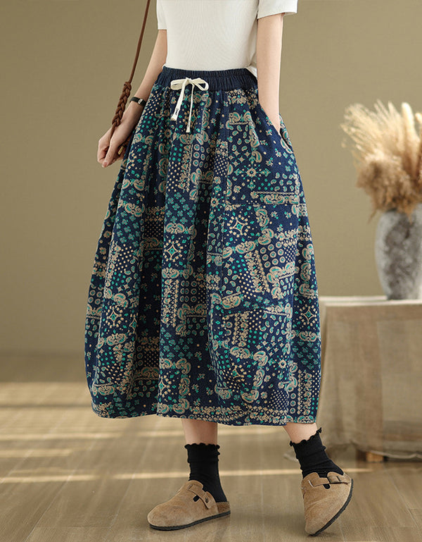 Floral Patchwork High Waist Cotton Linen Skirt
