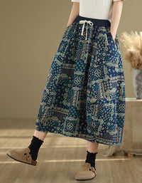 Floral Patchwork High Waist Cotton Linen Skirt
