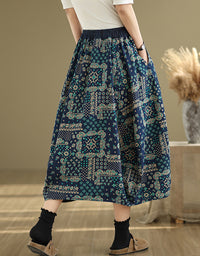 Floral Patchwork High Waist Cotton Linen Skirt