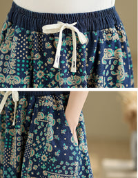 Floral Patchwork High Waist Cotton Linen Skirt