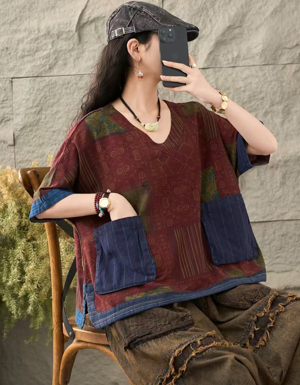 Floral Patchwork V-Neck Short Sleeve Shirt