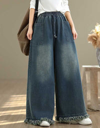 Frayed Hem Casual Loose Wide Leg Jeans for Women