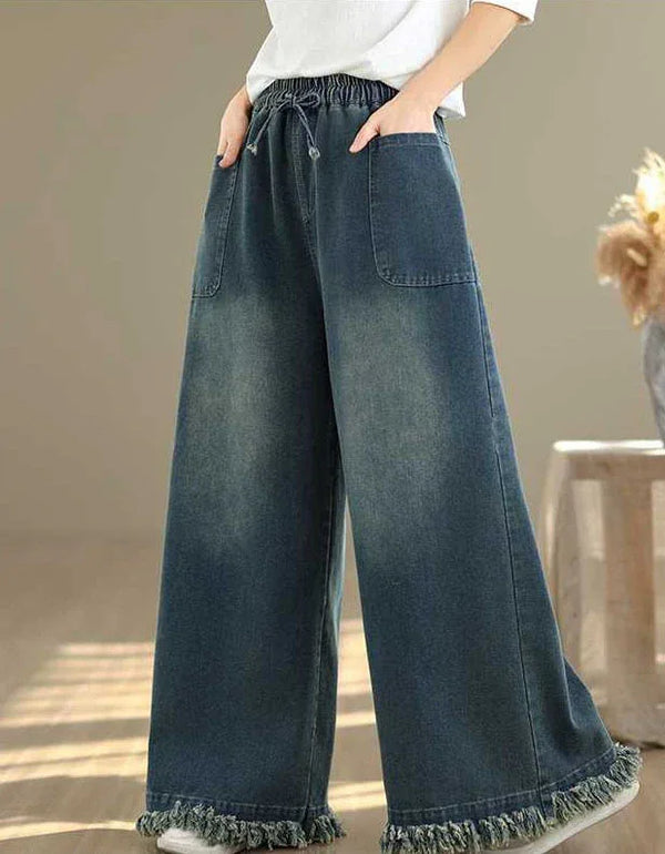 Frayed Hem Casual Loose Wide Leg Jeans for Women - Islinen