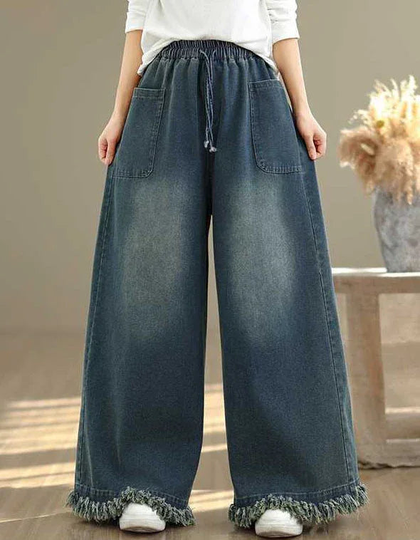 Frayed Hem Casual Loose Wide Leg Jeans for Women - Islinen