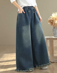 Frayed Hem Casual Loose Wide Leg Jeans for Women