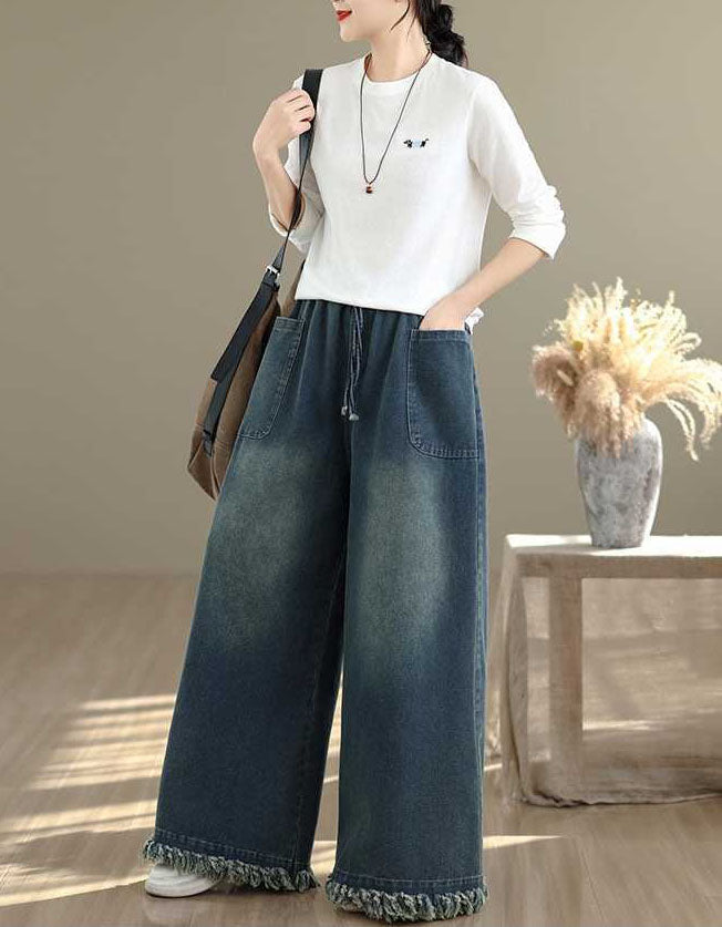 Frayed Hem Casual Loose Wide Leg Jeans for Women