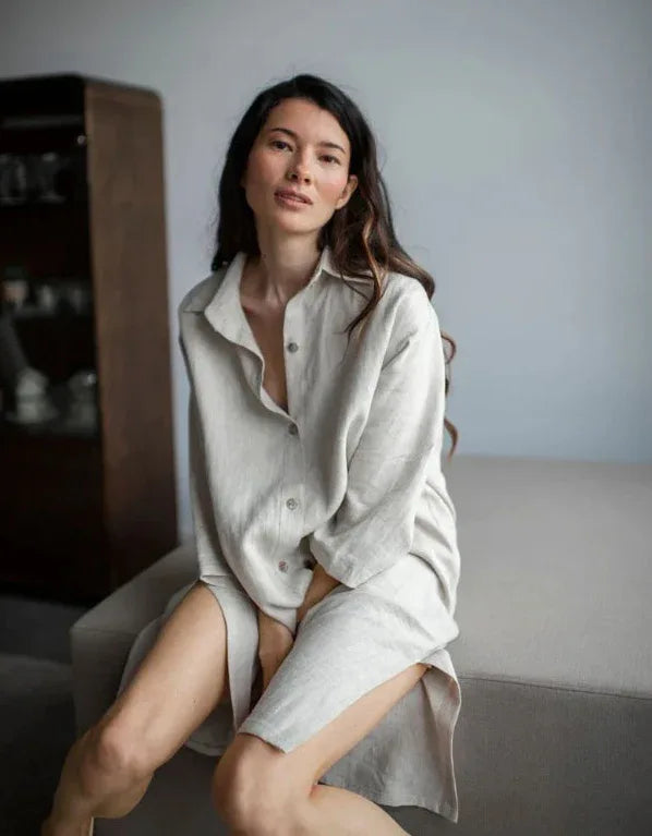 French Style Loose Mid-length Linen Shirt Dress L / Linen