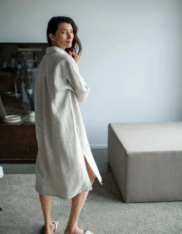 French Style Loose Mid-length Linen Shirt Dress Islinen French Style Loose Mid-length Linen Shirt Dress Islinen
