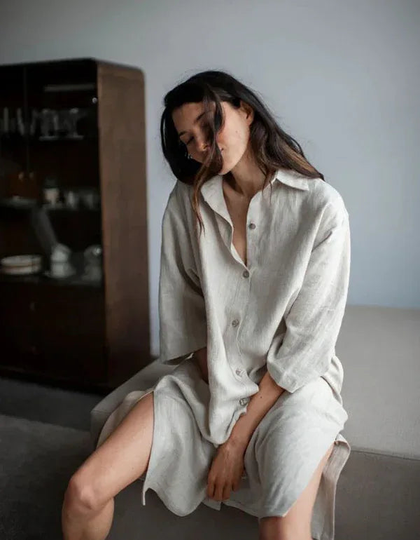 French Style Loose Mid-length Linen Shirt Dress – Islinen