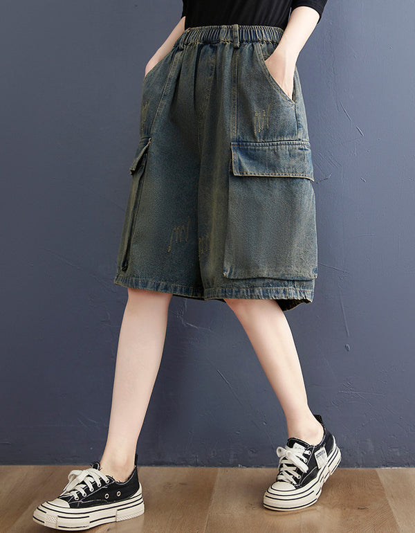 High-Waisted Loose Fit Distressed Denim Shorts