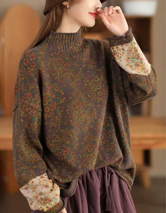 High Collar Loose Fit Floral Sweater
