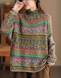Autumn High Neck Long Sleeve Floral Casual Sweater