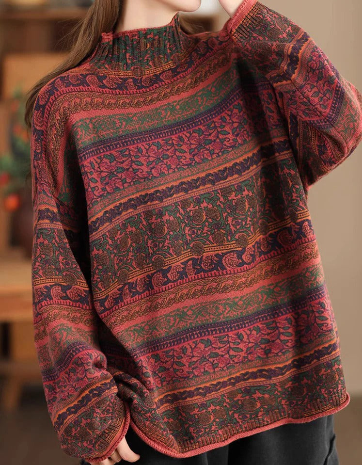 Autumn High Neck Long Sleeve Floral Casual Sweater