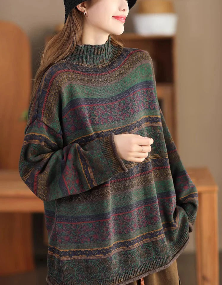 Autumn High Neck Long Sleeve Floral Casual Sweater