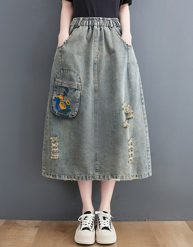 High Waist A-Line Floral Patchwork Denim Skirt