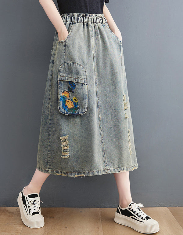 High Waist A-Line Floral Patchwork Denim Skirt